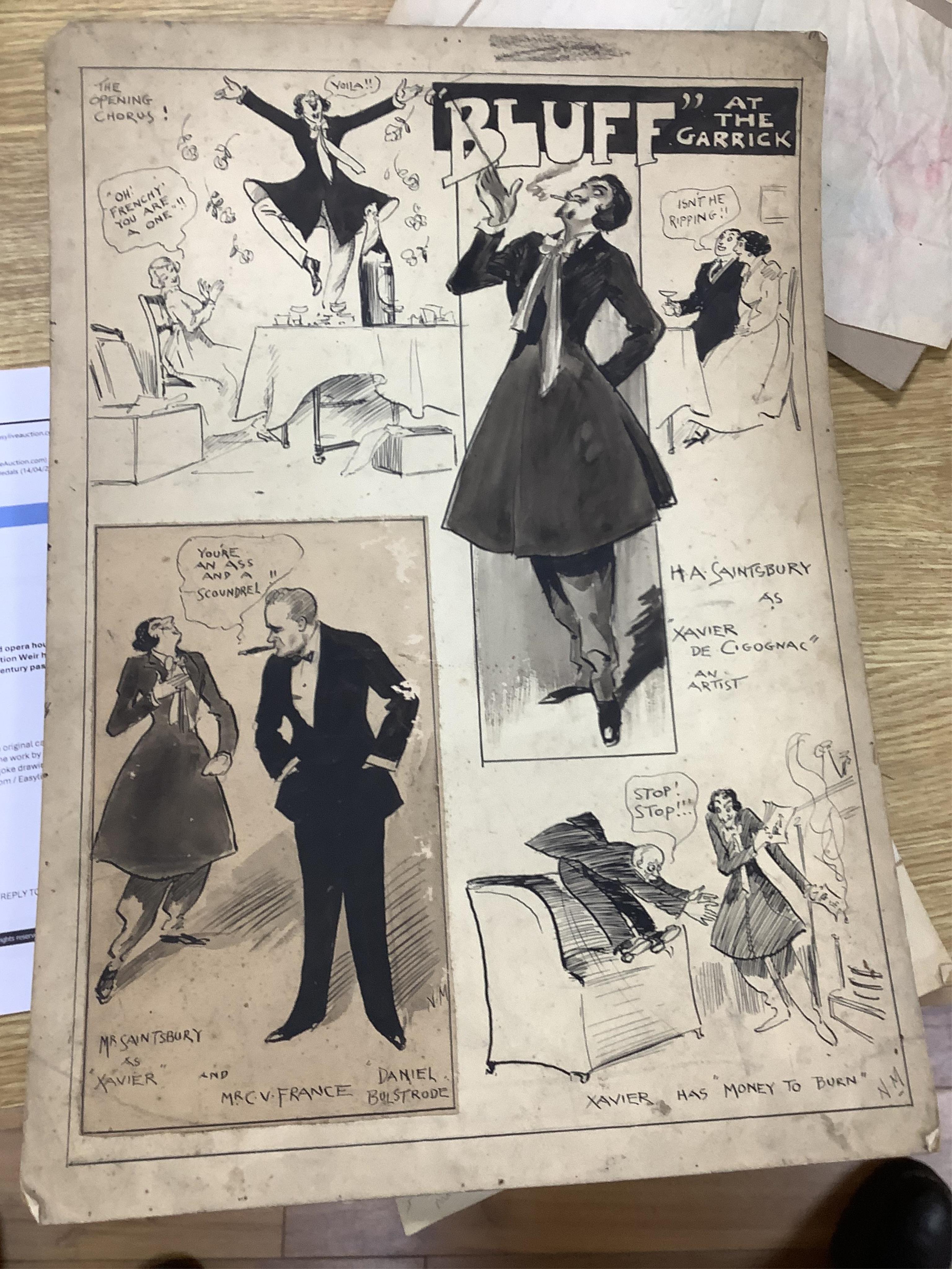 A folio of cartoons, caricatures, cartoons and opera house designs, mostly by Edwin Morrow (Irish) and Norman Morrow, to include 'Caution Weir here', 'The Sublime Good Deed' and 'Bluff at the Garrick', with a collection
